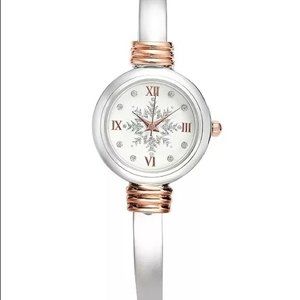 Holiday Lane Two-tone Snowflake Cuff Bracelet Watch 28mm Rose Gold / Silver